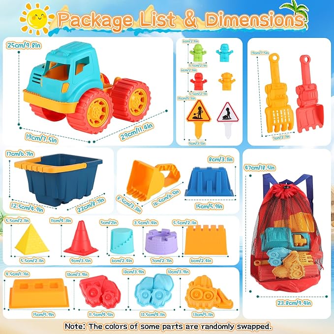 Beach Sand Toys, Large Dump Truck with Bucket, Sandbox Construction Toy Sand Castle Building Kit with Mesh Bag, Sand Molds, Shovels, Worker Figures, Kids Toddlers Summer Outdoor Travel Toys