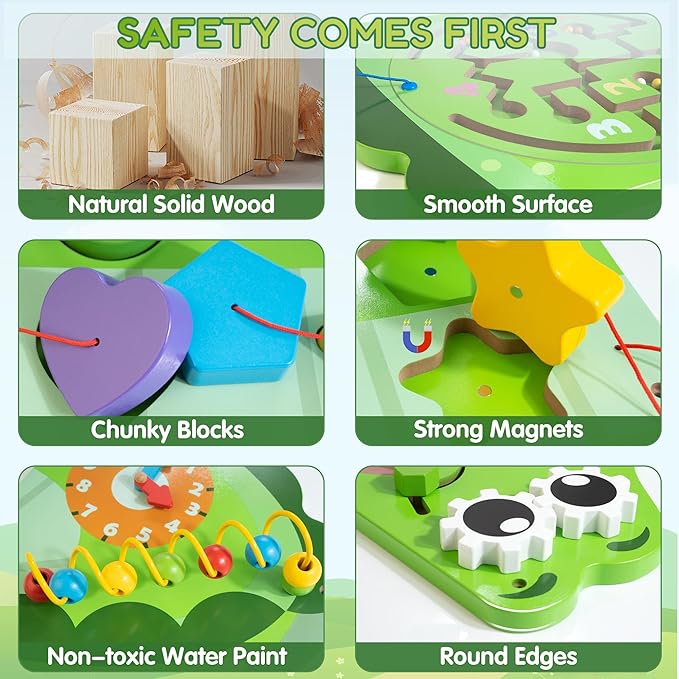 Crocodile Activity Wall Busy Board Panels | 9-in-1 Wooden Sensory Wall Panel for Kids, Montessori Learning Activity Center | Perfect for Toddler Playroom, Daycare, Nursery, Classroom or Dr's Office
