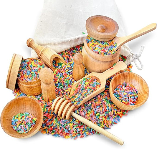 Wooden Tool Set for Sensory Bin (10 Piece), Child-Sized Montessori Sensory Toys for Developing Fine Motor Skills, Smooth Wooden Toys, Bin Scoops and Tools