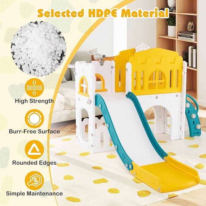 Costzon 9 in 1 Toddler Slide, Kids Slide and Climber Playset with Basketball Hoop, Telescope, Steering Wheel, Aisle, Tunnel & Storage Space, Baby Indoor Playground for Kids Aged 1+