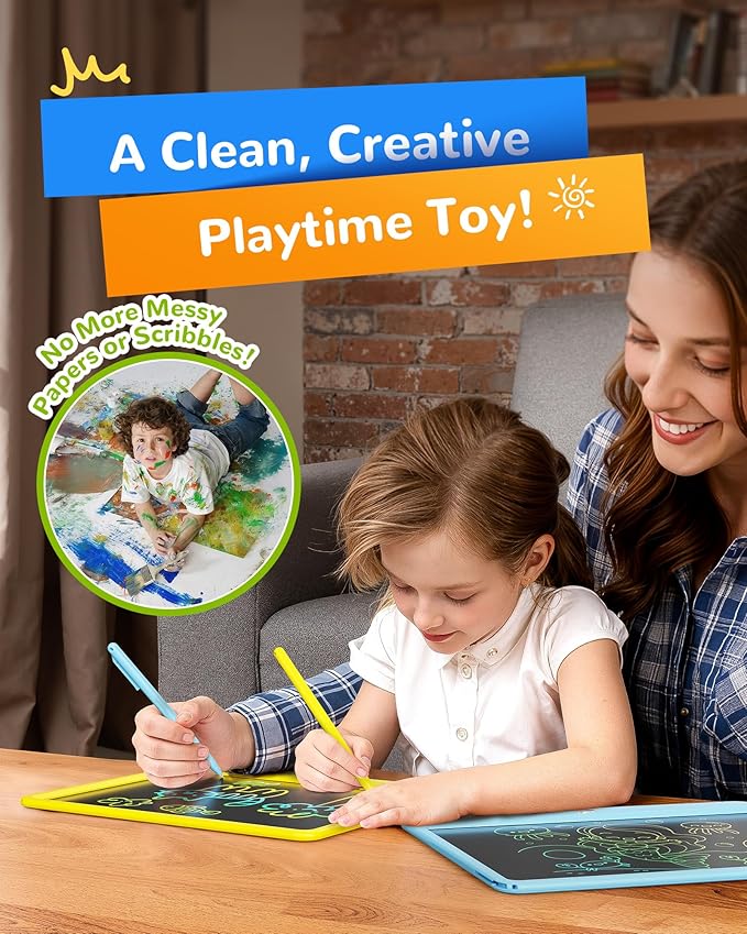 KOKODI LCD Writing Tablet, 12 Inch Colorful Toddler Doodle Board Drawing Tablet, Erasable Reusable Electronic Drawing Pads, Educational and Learning Toy for 3-6 Years Old Boy and Girls(Yellow)