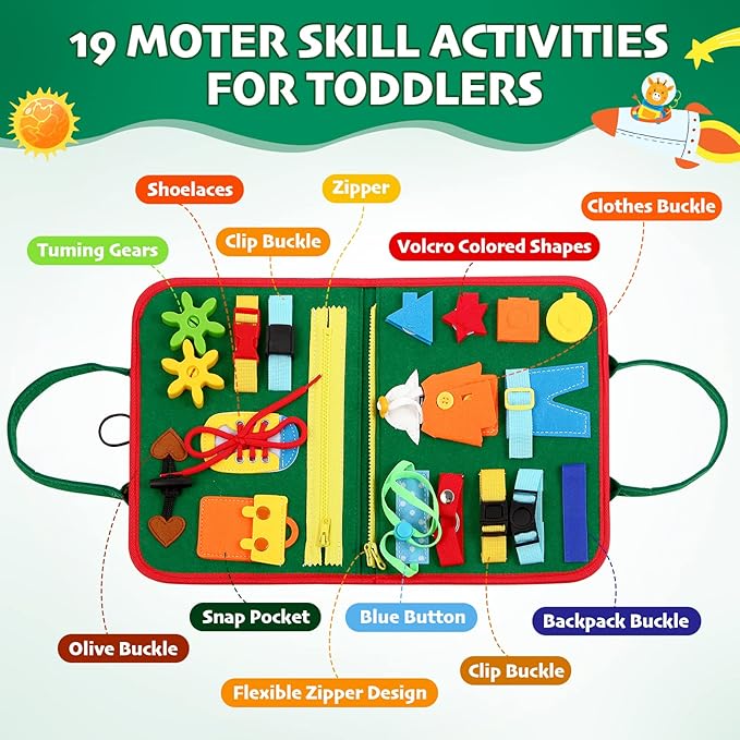 Hooku Busy Board for 1 Year Old, Montessori Sensory Toys for Toddlers 1-3, Fine Motor Travel Toys, Toddler Learning Activities, Birthday Gifts for Baby Boy Girl