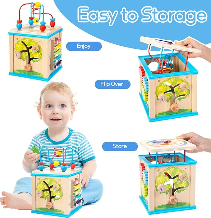 Wooden 7-in-1 Activity Cube, Montessori Toys for 1 Year Old Toddlers, Baby Educational Developmental Toys, One Year Old Boys Girls First Birthday Gifts with Bonus Sorting & Stacking Board