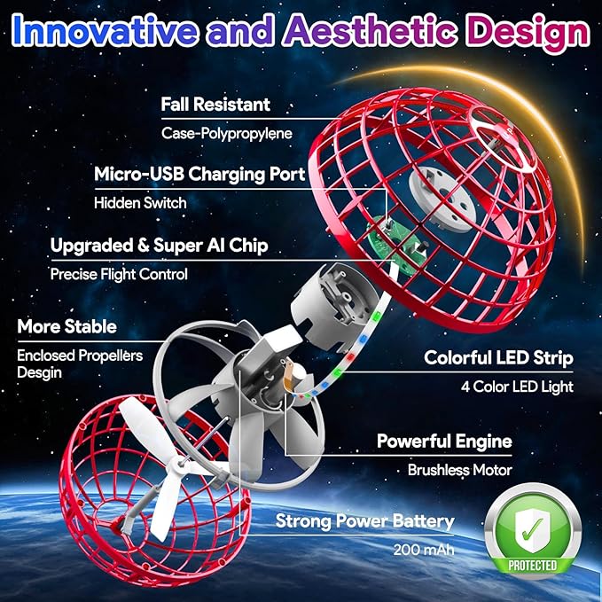 Flying Orb Ball Toys 2024, Hover Boomerang Spinner Fly Ball Toys for Kids Teen Boys Girls, Soaring Hand Controlled Mini Drone Cosmic Globe Spinning Birthday for 6 7 8 9 10 11 12(Red)