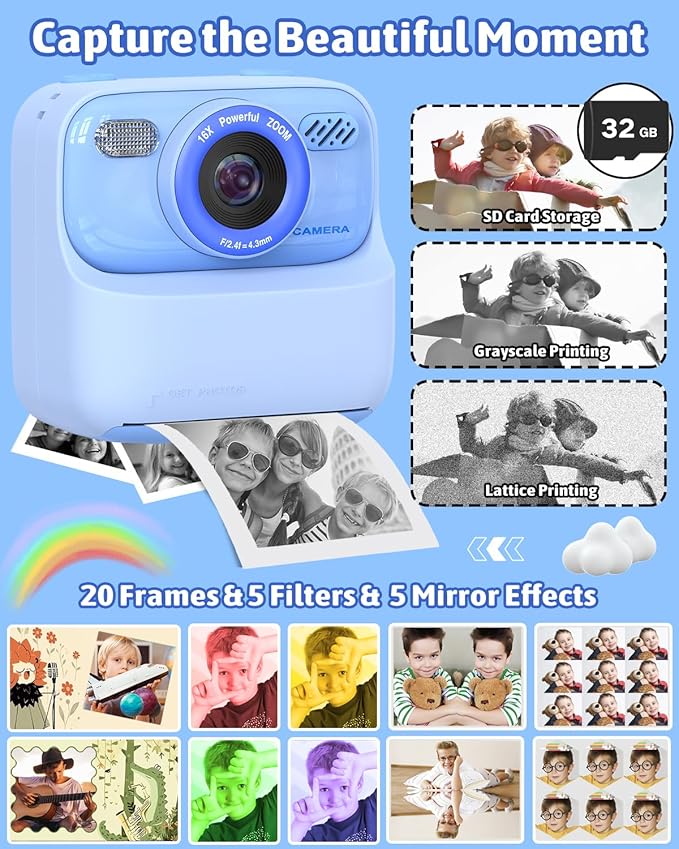 Mgaolo Kids Camera Instant Print Photo,Children Digital Camera Toys Gift with HD Video for Girls Boys 3-12 Age,Chritmas Birthday Festival Present for 3 4 5 6 7 8 9 Year Old Child (Blue)