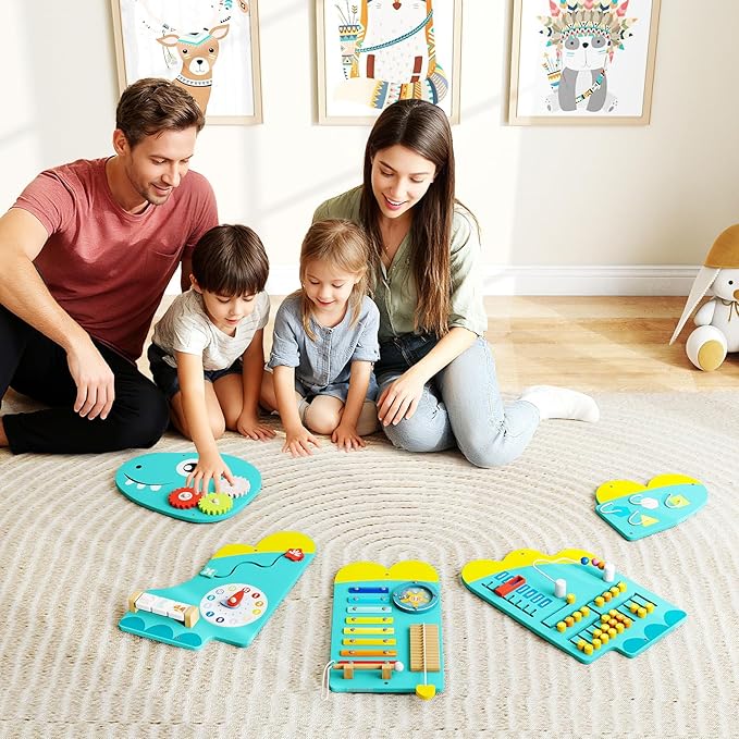 GLACER Dinosaur Wall Busy Board Panels, 11-in-1 Wooden Learning Activity Center for Early Education, Wall-Mounted Montessori Sensory Toddler Toys for Playroom, Daycare, Nursery (Green)