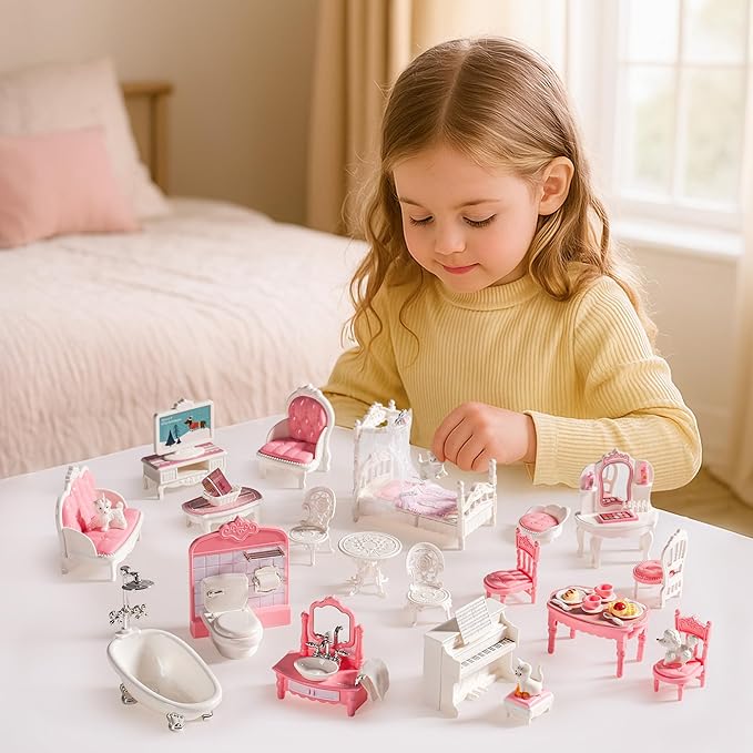 ROBOTIME 26PCS Dollhouse Furniture Set for Kids – Realistic Dollhouse Accessories with 5 Rooms: Living Room, Bedroom, Bathroom, Dining Room & Balcony, for Girls & Boys Ages 3+