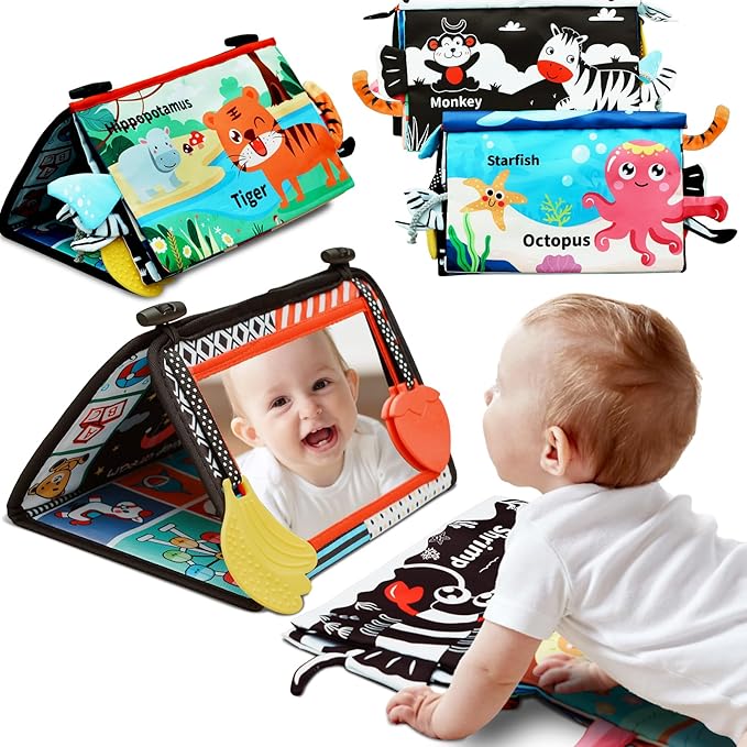 Baby Mirror Toys 0-6 Months - Tummy Time Toys 0-3 3-6 Months with Crinkle Cloth Books, High Contrast Newborn Sensory Toy for Babies 0 3 6 9 12 Months, Infant Toys Montessori for Boys Girls Baby Gifts
