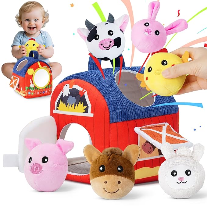 Soft Barn Baby Toys 6-12 Months with Stuffed Farm Animals, Rattle Squeaky Crinkle Sound & Mirror, Montessori Sensory Plush Infant Toy for 6 7 8 9 10 11 Month, 1 Year Old Baby Boy Girl Birthday Gifts