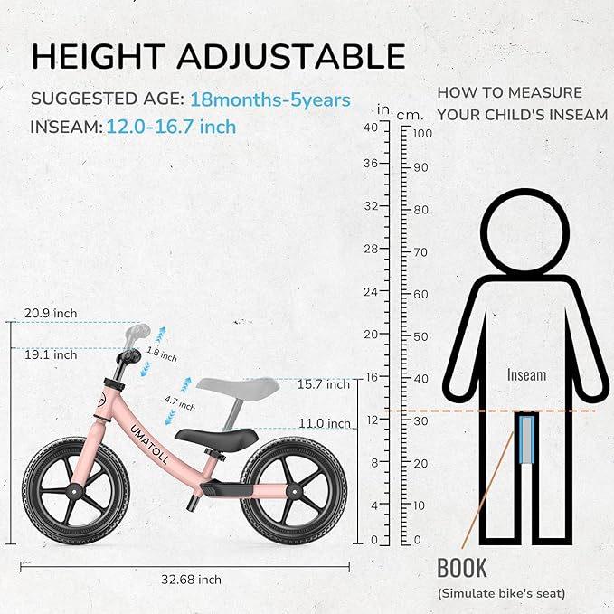 Umatoll Toddler Balance Bike 2 Year Old, Kids Bike Toy for 18 Months to 5 Years Old, Tool-Free Adjustment, Birthday Gifts for 2-3 Boys Girls, No Pedal