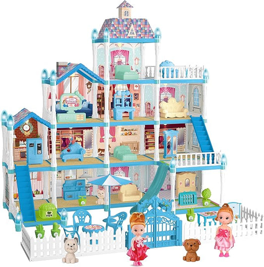 OCRETIC Doll House for Girls,13 Rooms Dollhouse with 2 Dolls, Lights, Figure, Puppies,Furnitures, Accessories, Toddler Playhouse Gift for for 3 4 5 6 7 8 9 10 Year Old Girls Toys (Blue)