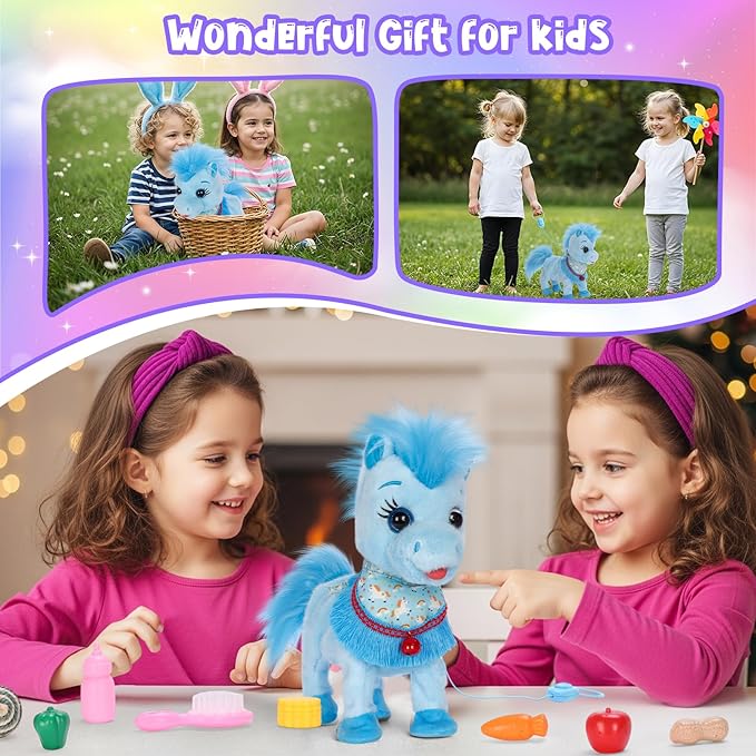 Blue Interactive Walking Singing Pony, Toy Horse Talking Dancing Pony with Leash, Electric Plush Pony Horse Pet Toy for Toddler, Nod Lick Wag Repeat What You Say 3+ Girl Boy Kid