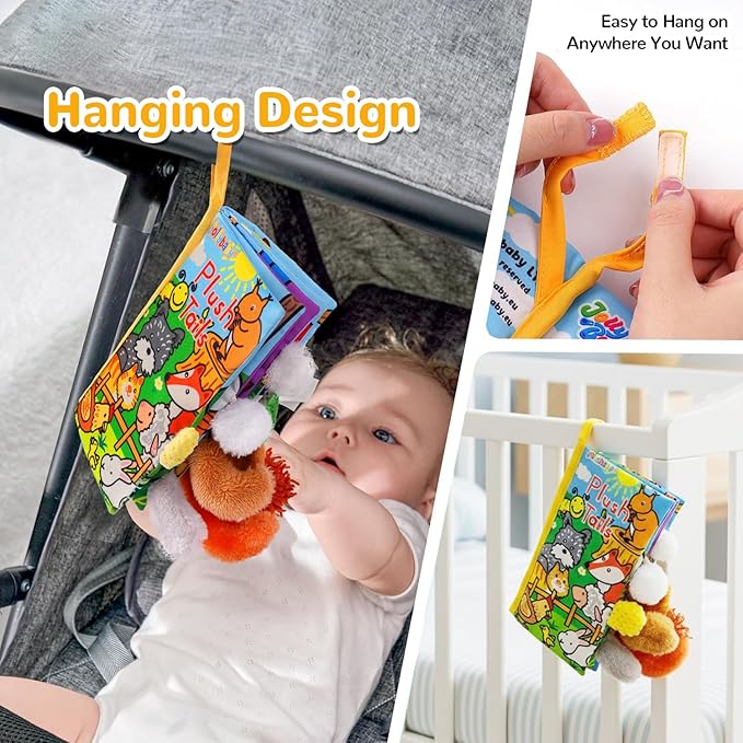 HECCEI Baby Cloth Books Soft Baby Book 0-6 Months Crinkle Books with Tail Touch and Feel Sensory Toys for Infant Tummy Time for 3 Months+, Plush Tails