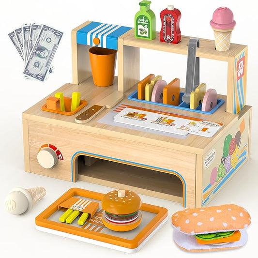 Wooden Play Food Sets Sandwich Counter with Storage, 56 Pcs Foldable Pretend Play Kitchen Food Toy, Burger, Ice Cream, Fries, Play Money, Kids Play Store Boy Girl Birthday Gift for Toddlers Ages 3+