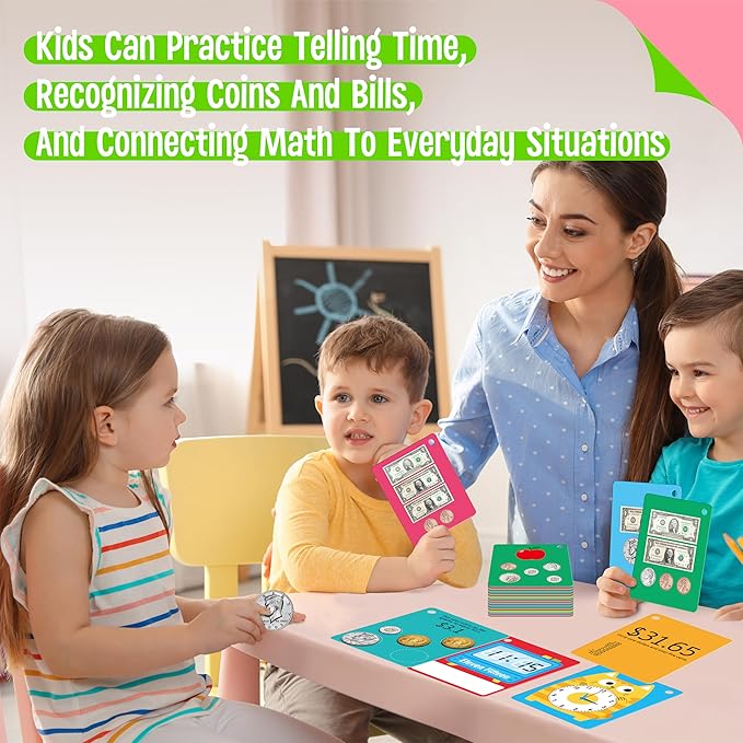 52 PCS Time & Money Flashcards, Double Sided Cognition Cards-Coin Value, Coin Combinations, Counting Coins, Telling Time, Reading Clocks, Learning Tool for Kids Ages 6+ Kindergarten Toddlers