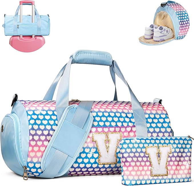 Christmas Gifts for Grandkids, Girls Travel Duffel Bag, Kids Initial Overnight Bags with Shoe Compartment, Initial Duffle Bag with Makeup Pouch, Teenage Girl Trendy Gift (Letter V)