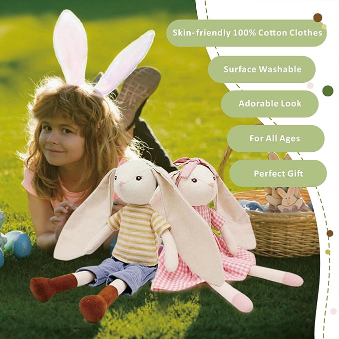 15" Bunny Stuffed Animal for Girls, Plush Toy Doll -Wearing Pink Plaid Dress,Cute Doll Set Dress Up for 3 4 5 Year Old Girl - Gift for Little Girl, Birthday, Easter,Christmas…