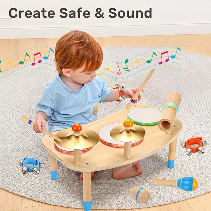 WINGYZ 11-in-1 Kids Drum Set – Montessori Baby Musical Toys & Wooden Musical Instruments for Toddlers 1-3, Music Table with Bongo Drums, Cymbals, Maracas & Wrist Bells for Early Rhythm Play