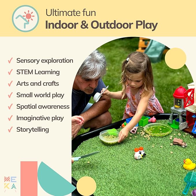 MEKA Small (28"x28") Tuff Tray Black with Artificial Grass Insert Play Mat Bundle, Sensory Tray Plus Stand Set, Sand and Water Table for Toddlers, Outdoor Kids Table and Sensory Table