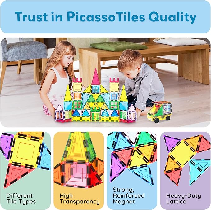 PicassoTiles 101 Piece Magnetic Tile Building Blocks Set with Durable Storage Bag STEM Educational Construction Magnet Toy Kit for Toddlers Preschool Kids Boys Girls Age 3 Plus Indoor Learning PT06
