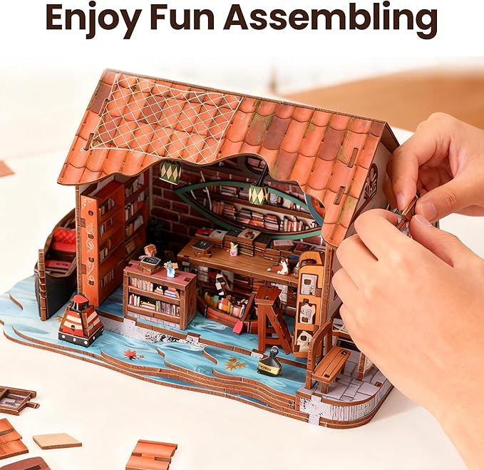 Book Nook Kit - DIY Miniature House Kit for Adults, Dollhouse Booknook Tiny House Bookshelf Decor 3D Wooden Puzzle Street Model, Ideal Gift for Book Lovers, Family, Friends (Floating Bookstore)