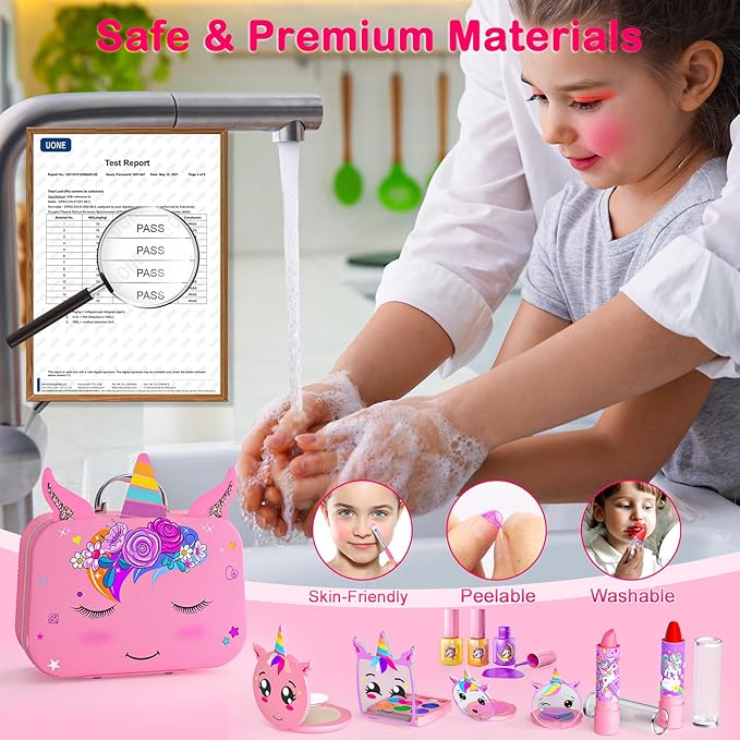 Kids Makeup Kit for Girl - 2 in 1 Kids Washable Makeup Toys & Nail Art Kit with Nail Dryer and Storage Case, Real Girl Makeup Set Birthday Gifts Toys for 3 -12 Year Old Girls, Light Pink