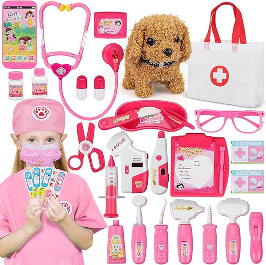 33Pcs Pet Doctor Kit for Toddlers - Dress Up Costume & Pretend Doctor Play Set with Dog Toy, Stethoscope, Pet Vet Roleplay Toys, Christmas Birthday Gifts for Ages 3 4 5 6 7 8 Year Old Boys Girls
