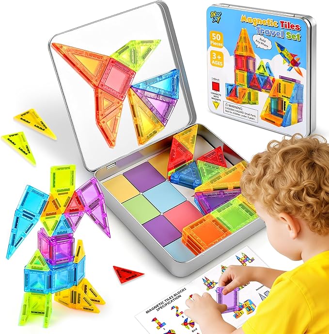 Enjoyjoy Mini Magnetic Tiles - 50PCS Travel Magnetic Tiles Set with Metal Case Portable On-The-Go Magnet Tiles for Kids Magnet Building Blocks Ages 3+ Boys and Girls Christmas Birthday Gift