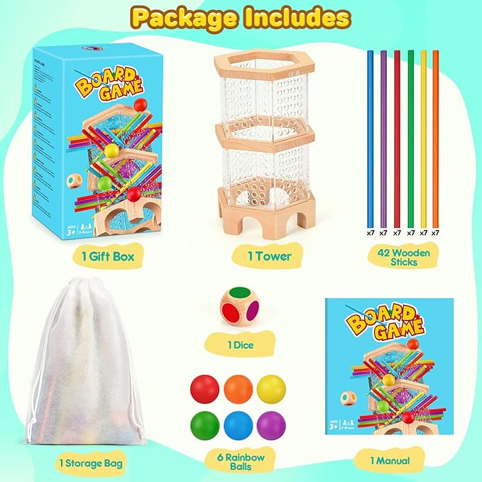 Montessori Wooden Board Game, 42 Colorful Sticks Dice Games for Kids 3 4 5 6 Years, Math Learning Toys Fine Motor Skills & Counting Educational Toy, Family Travel Game Birthday Gifts for Boys Girls