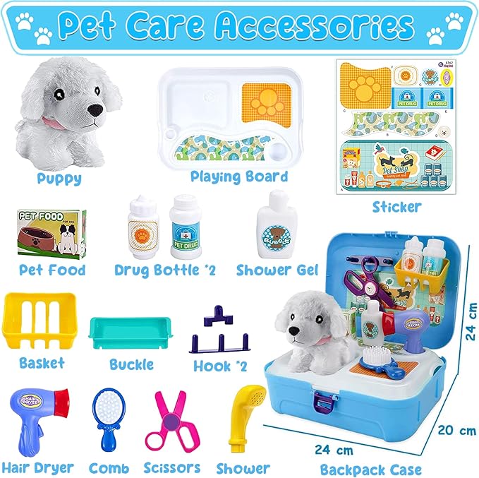 TEUVO Pet Care Playset, 16Pcs Kids Doctor Kit with Plush Dog & Backpack for Dog Grooming & Feeding, Pet Doctor Pretend Play Toys for 3 4 5 6 7 Years Old Girls Boys Birthday