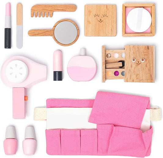 UMU® Wooden Beauty Salon Toys for Girls Makeup Playset 12 Piece Kit with Makeup, Brush, Mirror and Cosmetics Case, Best Gift for 3, 4, 5+ Girls Kids