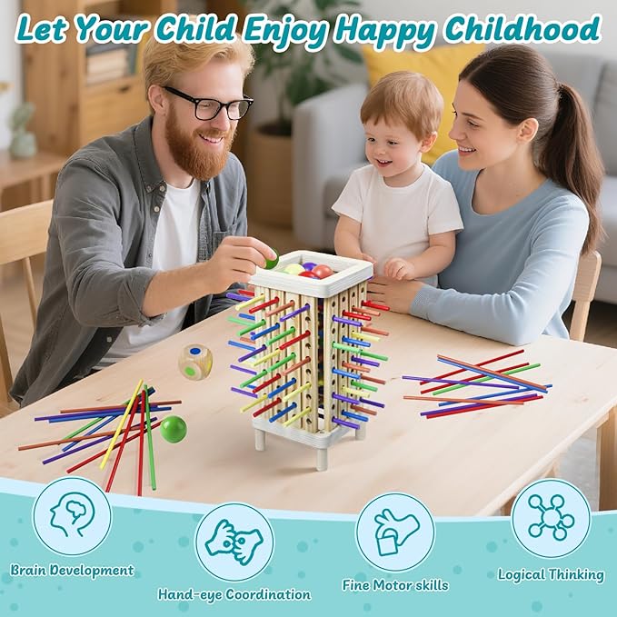 Montessori Game Wooden Board Game, 42 Colorful Wooden Sticks Dice Game Math Learning Toys for 3 4 5 6 Year Olds, Fine Motor Skill Toy for 3+ Year Olds Girls Boys,Family Game Travel Toys Gifts for Kids