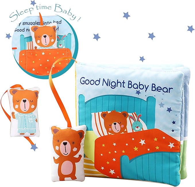 bebe mondo Teddy Bear Baby Book Activity Quiet Cloth Soft Books Developmental Toys Interactive Baby Books for Babies Toddlers Infants, Tummy Time Mirror Toy Gifts for Boys Girl, Goodnight W Box