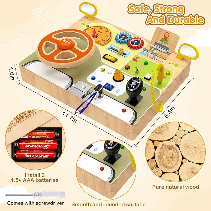 Montessori Toddler Toys - Baby Wooden Busy Board - Sensory Toys with Light Switch - Travel Toys for Educational Toddler Activities for Toddlers 1 2 3 4+ Year Old