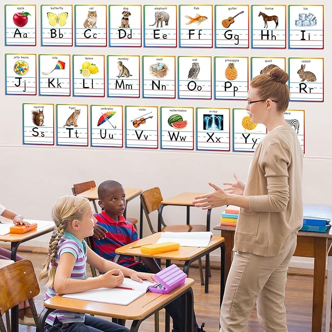 Yisong 56 Pieces Alphabet and Number Bulletin Board Set Educational Bulletin Board Cards Early Learning Colors Shapes Cards Manuscript Alphabet Number Posters for Kindergarten Classroom Decorations