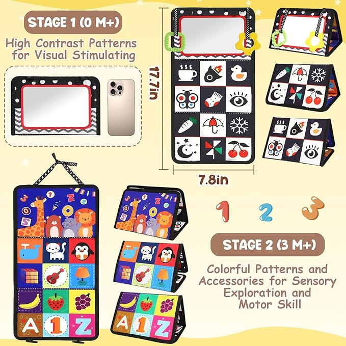 URMYWO Tummy Time Toy - Black and White High Contrast Baby Toys for Newborn - Baby Visual Stimulation Mirror - Montessori Sensory Crinkle Toy for Infant 0-3-6-12 Months - Shower Gift for Boy Girl