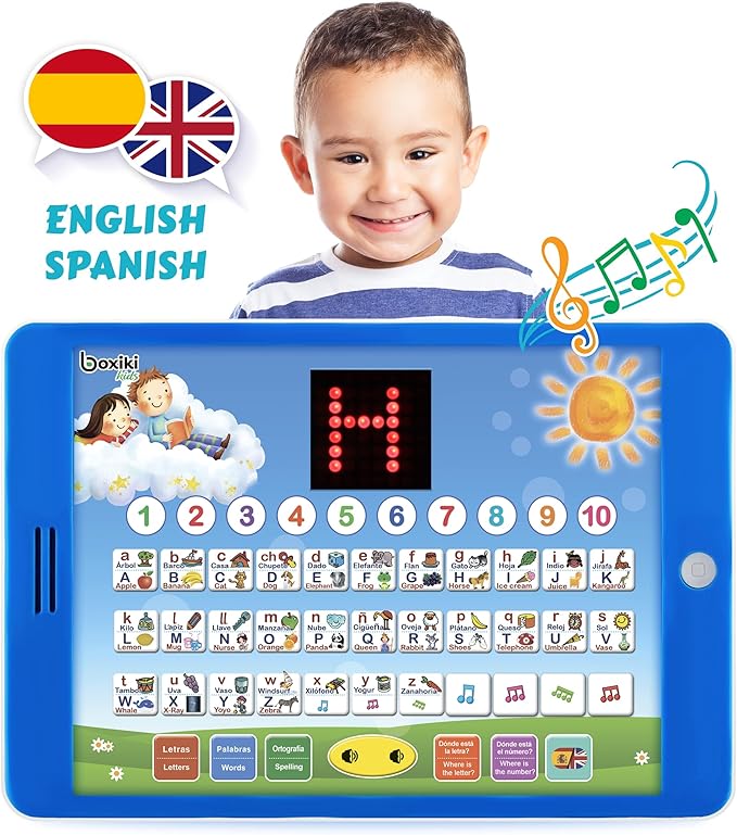 Boxiki kids Spanish-English Learning Bilingual Tablet Educational Toy with LED Screen Display. Learn Spanish and English with ABC Games and Spelling. Kids Love Our Interactive Educational Toys