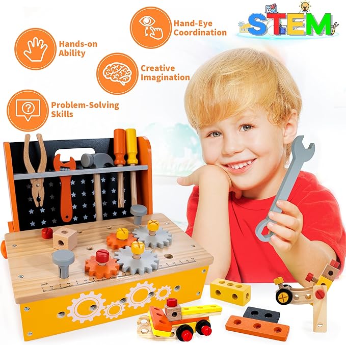 KIDWILL Wooden Tool Bench for Kids, 54-Piece Kids Tool Set with 2-in-1 Workbench & Take-Along Tool Kit, STEM Educational Toy Tools for Kids Ages 3 4 5 6 7 8 Years Old, Boy Toys