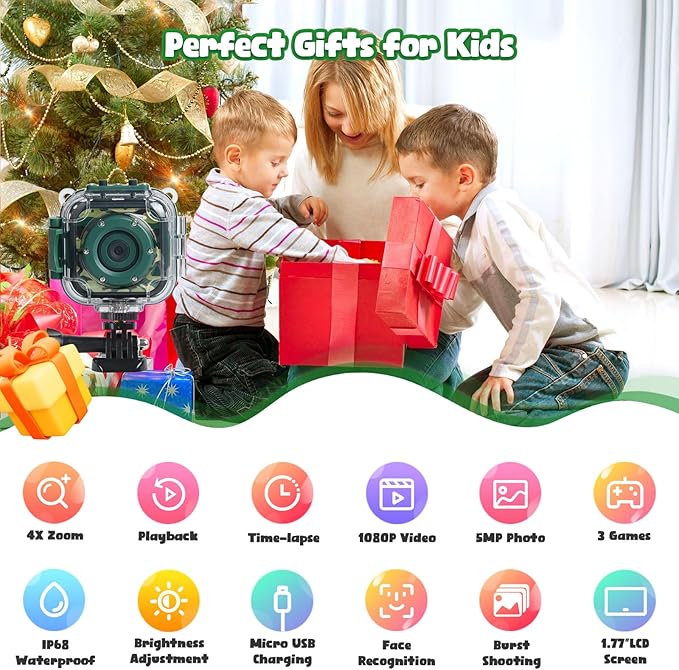 PROGRACE Kids Waterproof Camera - Birthday for 3-12 Year Old Boys 1080P HD Underwater Video Camera for Kids Pool Toys Toddler Digital Cameras with 32GB SD Card Green