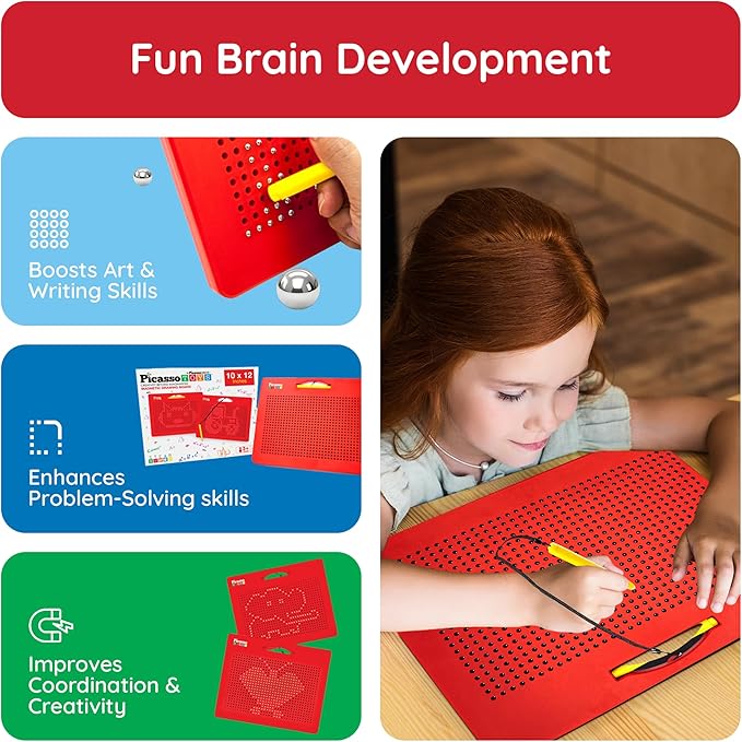 PicassoTiles Toys Magnetic Drawing Board 12x10 inch Large 748 Bead Magnet Tablet Pad Erasable Reusable Writing Playboard STEM Toys Educational Playset Open-Ended Learning Kit PTB01