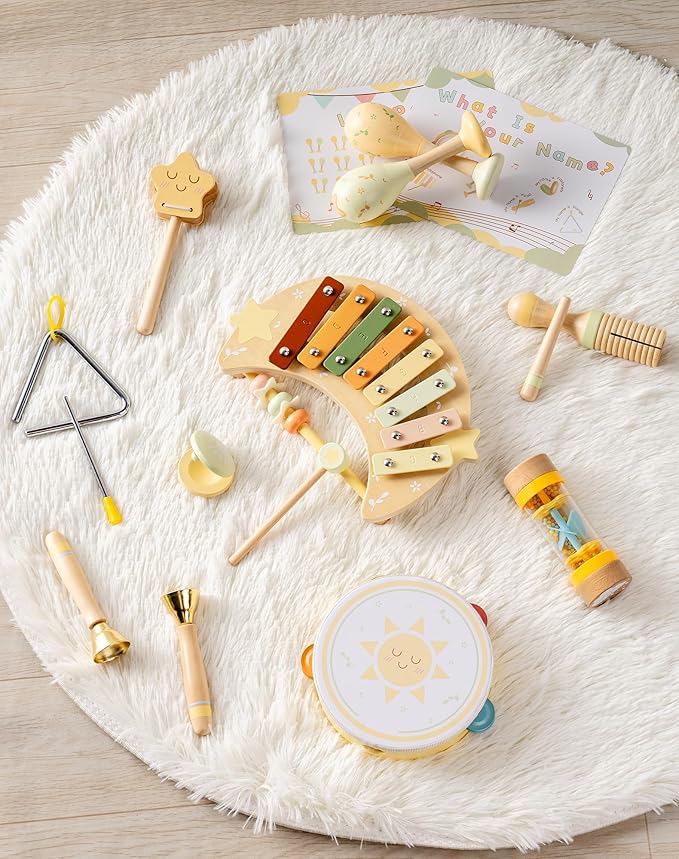 ROBOTIME Baby Musical Instruments Set, 11 PCS Wooden Toddler Musical Toys with Xylophone Percussion Instruments, Montessori Musical Toys for Preschool Kids Girls Boys