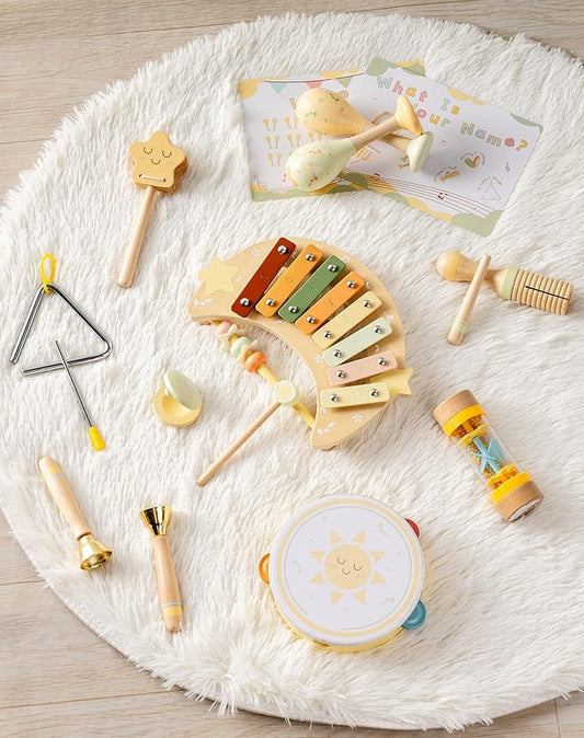 ROBOTIME Baby Musical Instruments Set, 11 PCS Wooden Toddler Musical Toys with Xylophone Percussion Instruments, Montessori Musical Toys for Preschool Kids Girls Boys