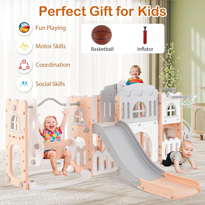 Costzon 10 in 1 Toddler Swing and Slide Set, Kids Slide and Climber Playset w/Aisle, Peek-a-Boo Window & Storage Space, Baby Indoor Playground for Aged 1+ (Pink,100" × 59" × 40")