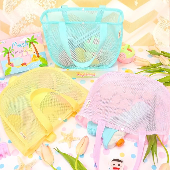 Tagitary Beach Toy Mesh Beach Shell Bags for Kids, Sand Toys Kids Beach Essential Treasure Bag Swimming Pool Bag Beach Gift for Boys and Girls(Only Bags,A Set of 3)