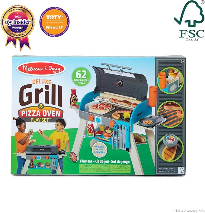 Melissa & Doug Deluxe Wooden Barbecue Grill, Smoker & Pizza Oven, Toy Food & Kids Play Kitchen Accessories, Preschool Learning Toys for Girls & Boys 3+ - FSC Certified