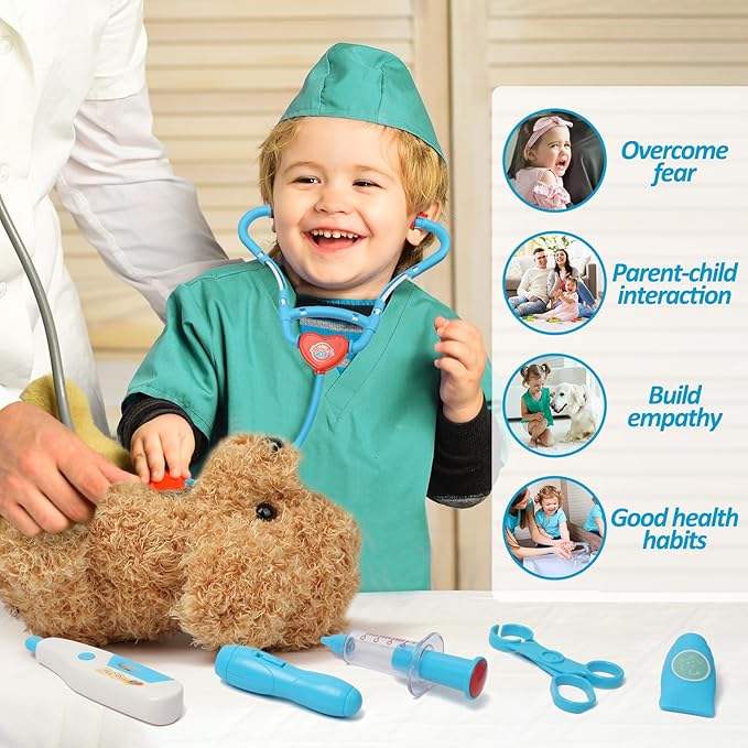 Liberry Doctor Kit for Toddlers 3 4 5 6 Years Old, 28 Pcs Kids Doctor Playset with Dog Toy, Stethoscope and Dress Up Costume, Pretend Play Medical for Boys Girls (Blue)
