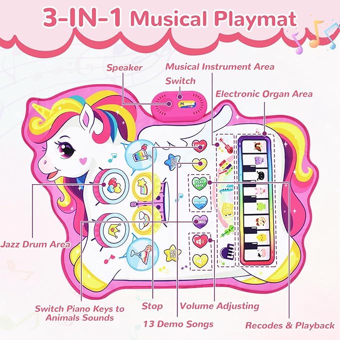 Cyiecw 3-in-1 Unicorn Musical Mat, Piano Drum Play Mat Unicorn Gifts for 1 2 3 Year Old Girls, Sensory Early Educational Musical Learning Toys for Baby Boys, Birthday Gift for Toddlers 1-5 Years Old