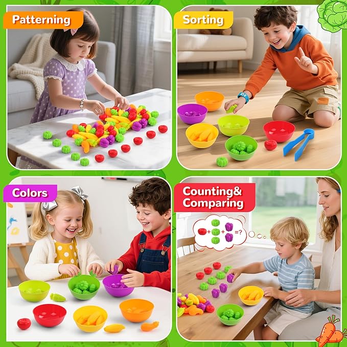 USATDD Counting Vegetables Color Sorting Matching Games with Bowls Preschool Learning Activities for Educational Sensory Montessori STEM Toy Sets for Toddlers Kids Boys Girls Aged 3-5