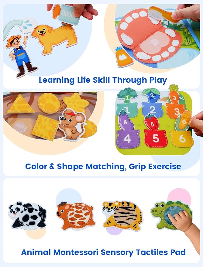 Toddler Busy Book for 1-3, Busy Board for 1+ Year Old, Toddler Airplane Travel Toys, Girl & Boy Gift, Educational Learning Activity Books, Felt Montessori Toys (Dog Theme)