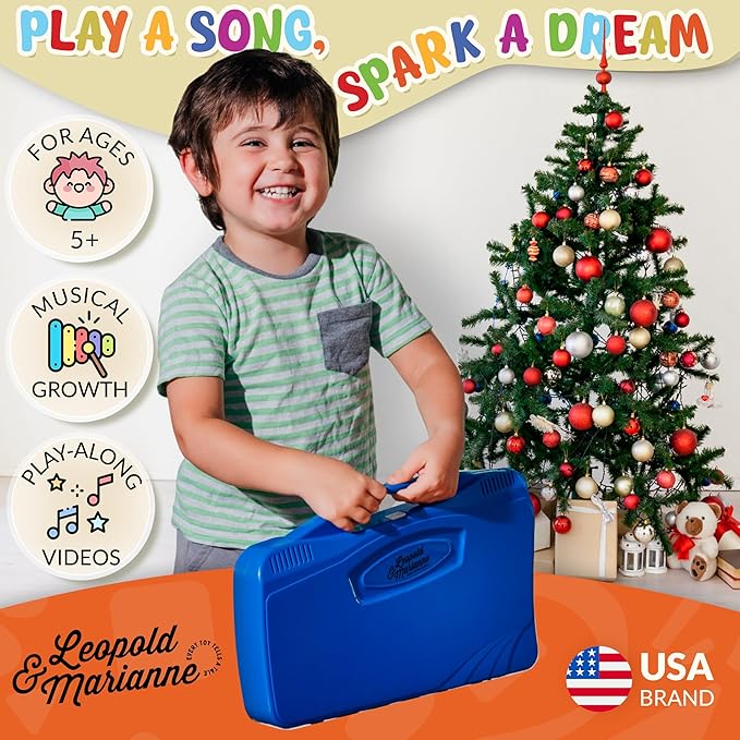 Leopold & Marianne | Xylophone for Kids Ages 5-9 | Kids Musical Instrument | Glockenspiel 25 Notes Chromatic | Color Metal Keys | Music Book Included, Play-Along Videos, Blue Carry Plastic Case